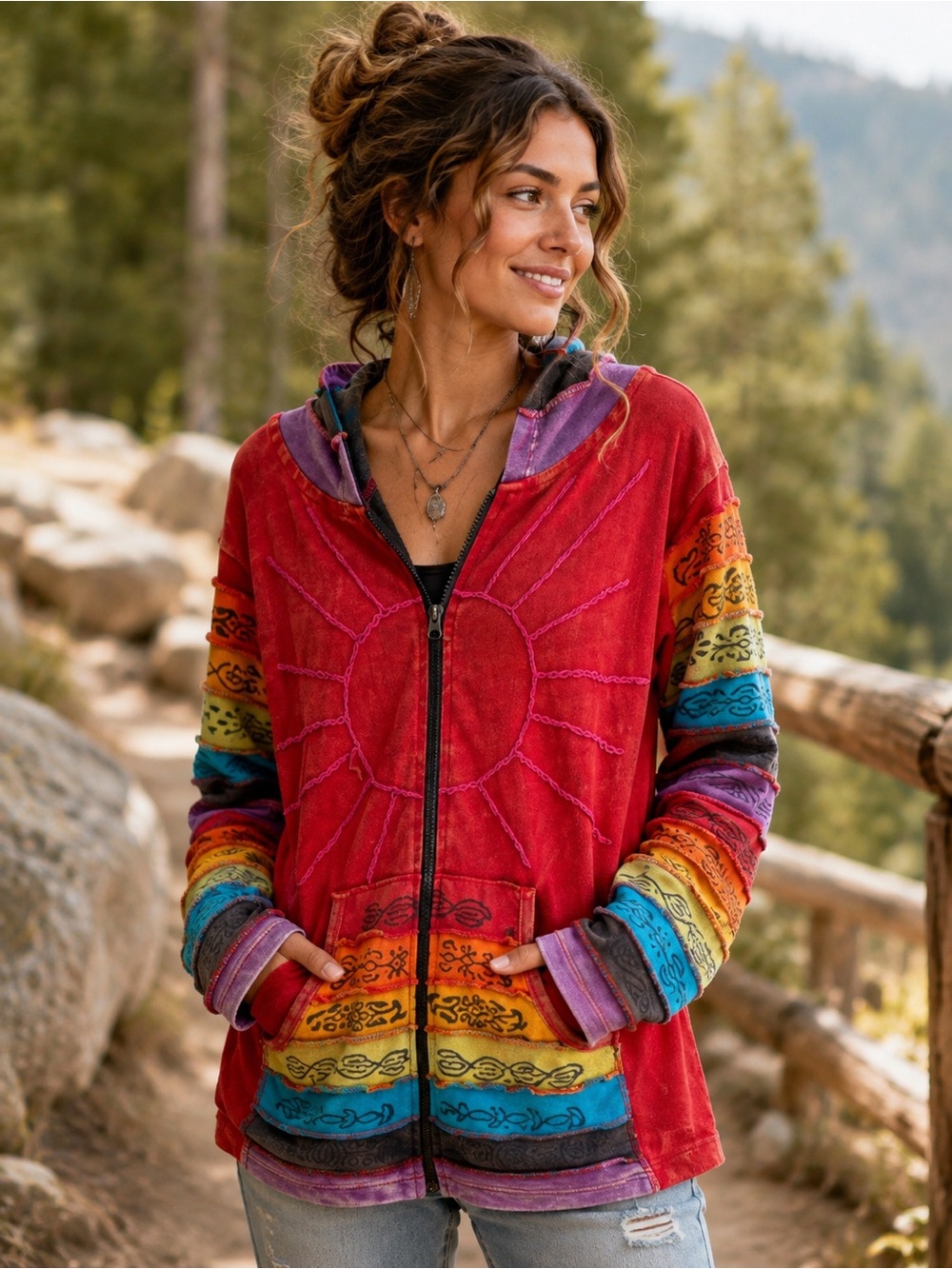GreaterGood Rainbow Patchwork Sun Hoodie Boho Festival Cotton Zip Jacket L/XL